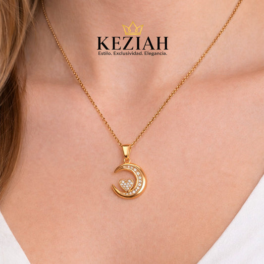 Collar Luna con Corazón – Acero Inoxidable