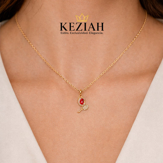 Collar Floral con Dije Rojo – Acero Inoxidable Dorado