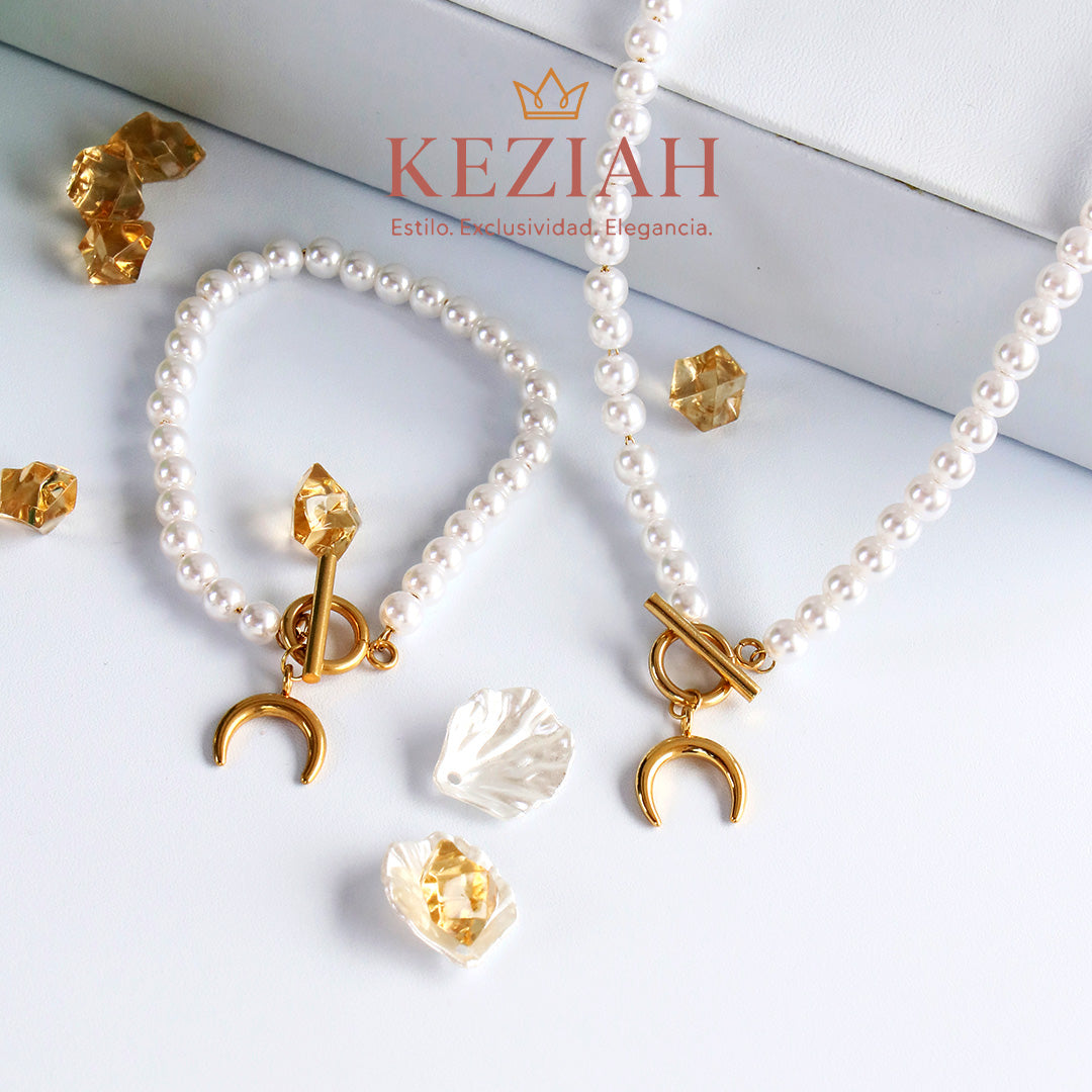 ✨ Collar y Pulseras Minimalistas – Acero Quirúrgico 316L , Waterproof - Perlas Luna
