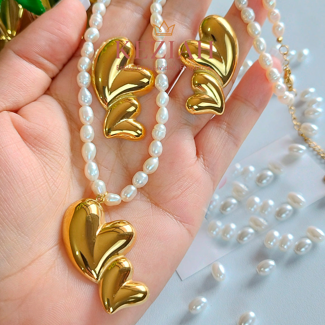 ✨Collar y Aretes Dorado – Acero Quirúrgico 316L , Waterproof - Perlas Naturales Dije Corazón