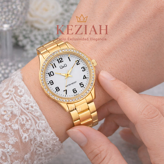 ⌚ Reloj Q&Q Original C223J004Y– Dama Dorado con Detalles Elegantes
