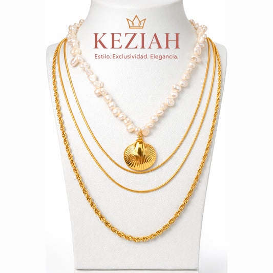 Collar Multicapa con Perlas Naturales y Dije de Concha – Acero Quirúrgico 316L Waterproof
