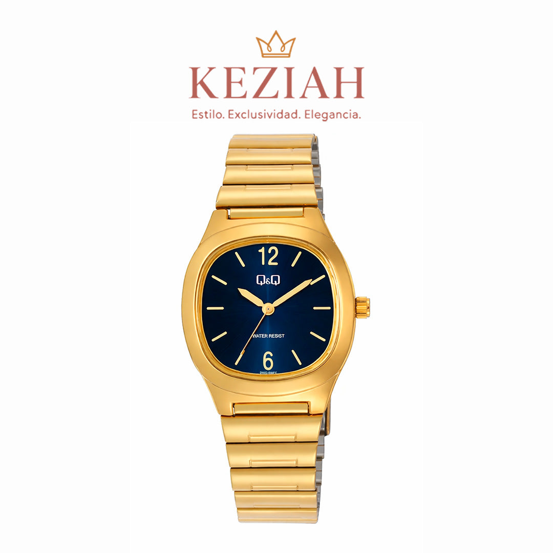 Reloj Original Q&Q Q02C-003PY para Mujer Elegancia clásica en dorado con esfera azul