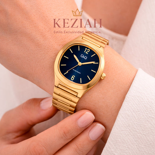 Reloj Original Q&Q Q02C-003PY para Mujer Elegancia clásica en dorado con esfera azul