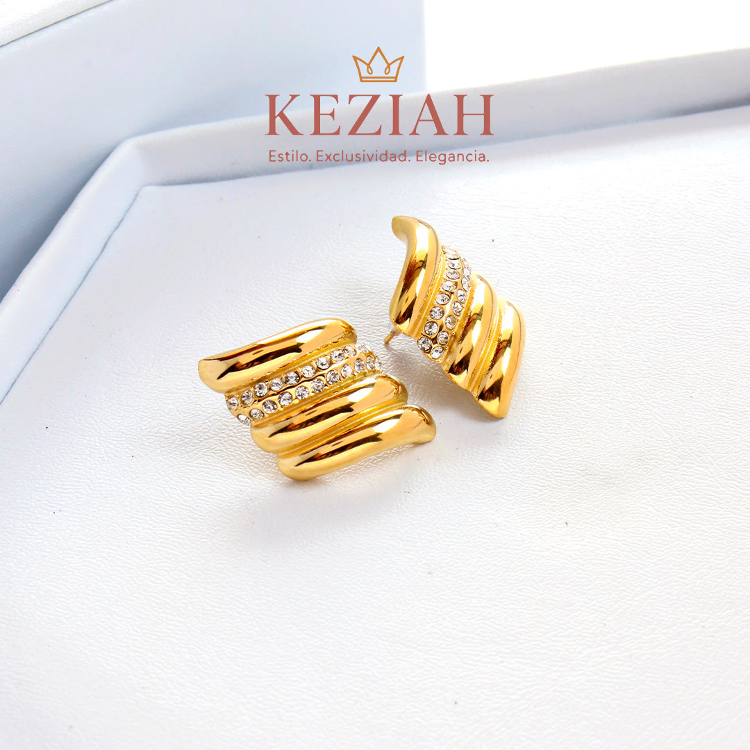 ✨ Aretes Dorado Minimalistas – Acero Quirúrgico 316L , Waterproof - Aro con Ondas y Circones Brillantes.