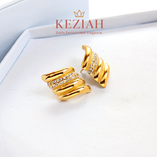 ✨ Aretes Dorado Minimalistas – Acero Quirúrgico 316L , Waterproof - Aro con Ondas y Circones Brillantes.