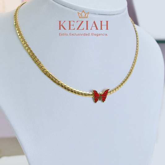 ✨Collar Dorado Minimalistas – Acero Quirúrgico 316L , Waterproof -Cadena de Espiga con dije Mariposa Roja.