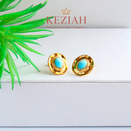 ✨ Aretes Dorado Minimalistas – Acero Quirúrgico 316L , Waterproof -Ovalados con Piedra tipo Turquesa.