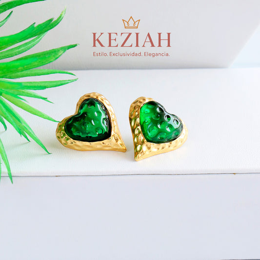 ✨ Aretes Dorado Minimalistas – Acero Quirúrgico 316L , Waterproof -Tipo corazón Piedra verde, Vintage.