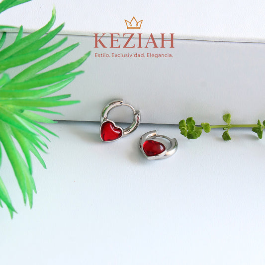 ✨ Aretes Plateado Minimalistas – Acero Quirúrgico 316L , Waterproof - Con Forma de Corazón Rojo