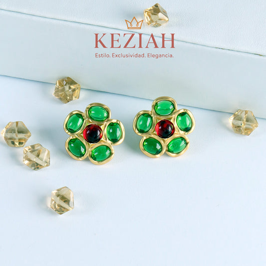 ✨ Aretes Dorado Minimalistas – Acero Quirúrgico 316L , Waterproof -  Florales Vintage con piedras de verdes y rojas