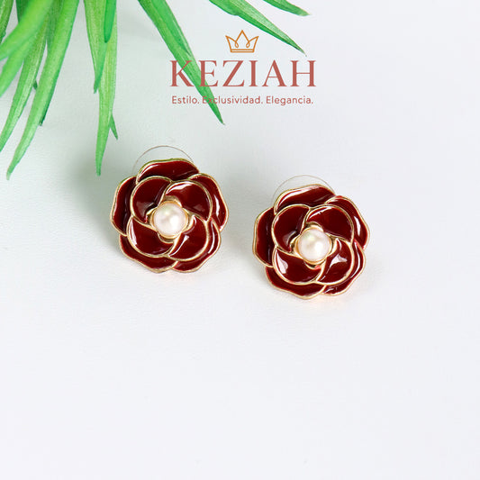 ✨ Aretes Dorado Minimalistas – Acero Quirúrgico 316L , Waterproof -  Vintage  Forma de Flor de Rosa Roja Esmaltada y Perla.