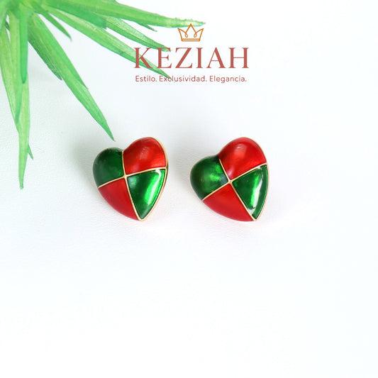 ✨ Aretes Dorado Minimalistas – Acero Quirúrgico 316L , Waterproof -  Vintage  Corazón Esmaltado Verde y Rojo