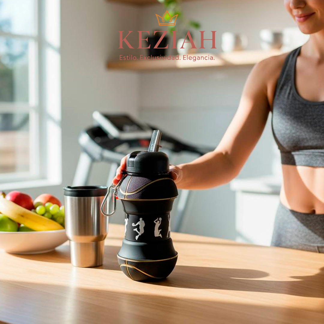 🏀 Botella de Agua Plegable de Baloncesto Negro – Silicona - 550 ml