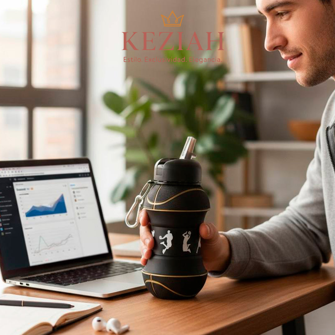 🏀 Botella de Agua Plegable de Baloncesto Negro – Silicona - 550 ml