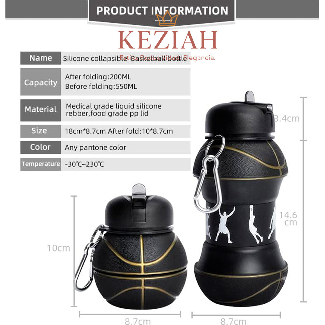 🏀 Botella de Agua Plegable de Baloncesto Negro – Silicona - 550 ml