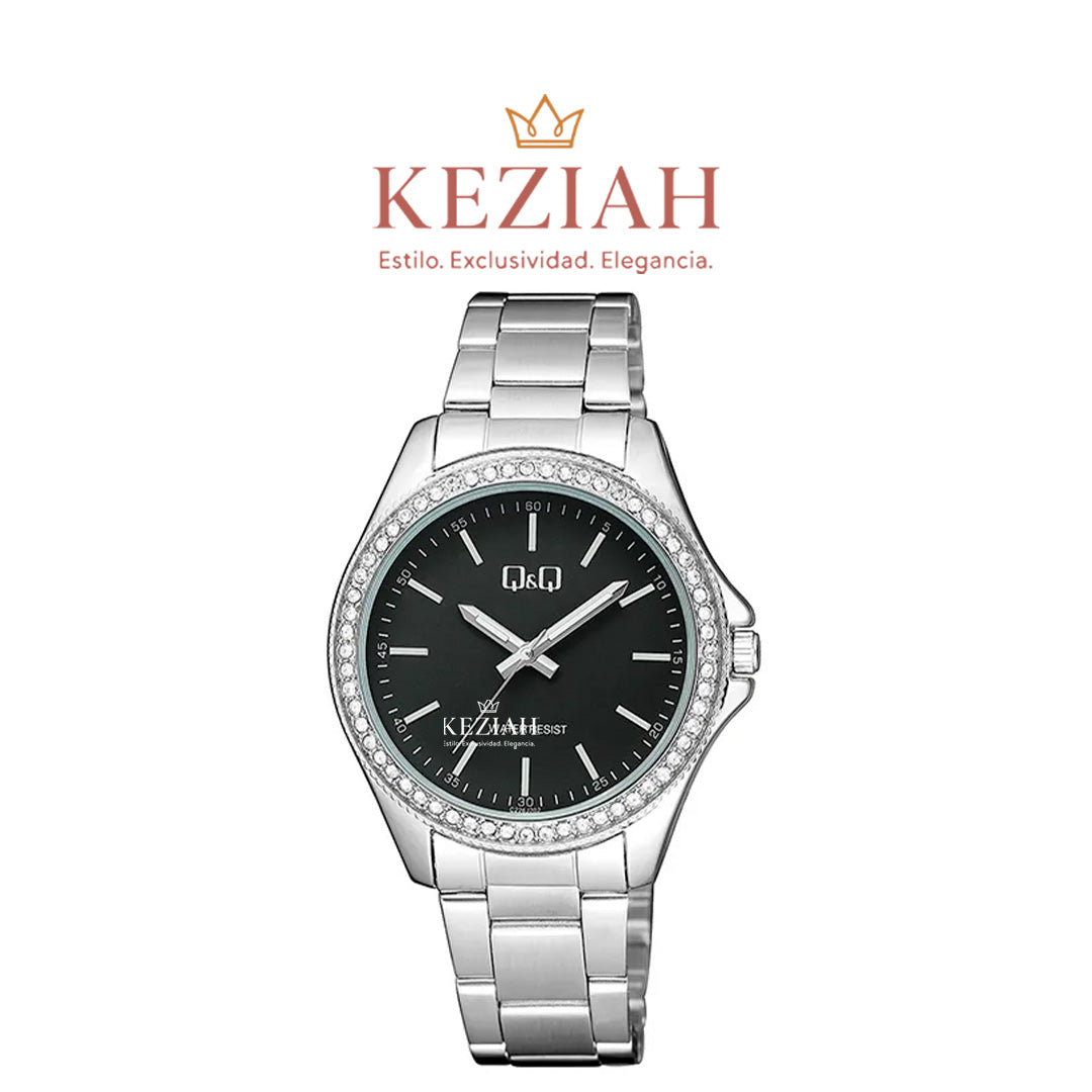 ⌚ Reloj Q&Q Original C226J202Y – Plata con Esfera Negra y Bisel con Brillos