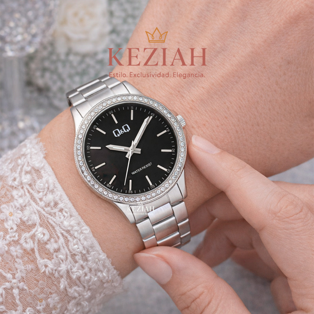 ⌚ Reloj Q&Q Original C226J202Y – Plata con Esfera Negra y Bisel con Brillos